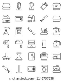 thin line vector icon set - plunger vector, vacuum cleaner, fetlock, mop, sponge, car, rubber glove, kettle, spatula, fridge, washer, mixer, coffee maker, multi cooker, microwave oven, blender
