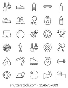 thin line vector icon set - award cup vector, target, barbell, weight, jump rope, hand trainer, punching bag, fitball, muscule, snickers, boxing glove, shorts, roller Skates, skateboard, medal, pool