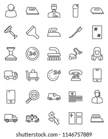 thin line vector icon set - scraper vector, vacuum cleaner, fetlock, car, window cleaning, iron, agent, woman, dollar cursor, phone 24, support, delivery, cargo search, mobile, hospital building
