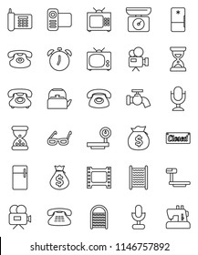 thin line vector icon set - water tap vector, washboard, kettle, glasses, alarm clock, money bag, sand, phone, big scales, film frame, video camera, microphone, classic, tv, closed, fridge, kitchen