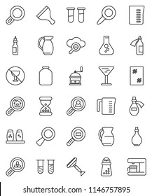 thin line vector icon set - scraper vector, window cleaning, oil, measuring cup, hand mill, spices, jug, jar, magnifier, flask, no alcohol sign, glass, cargo search, vial, sand clock, potion, cloud