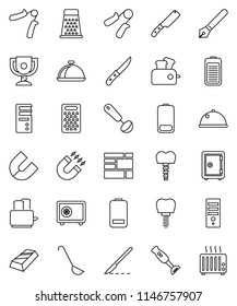 thin line vector icon set - ladle vector, knife, grater, toaster, blender, dish, pen, award cup, magnet, gold ingot, safe, hand trainer, consolidated cargo, battery, scalpel, tooth implant, computer