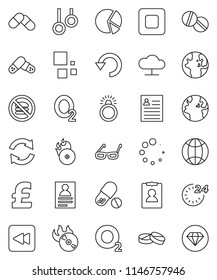 thin line vector icon set - glasses vector, world, personal information, pie graph, pound, pills, no fastfood, gymnast rings, oxygen, earth, music hit, stop button, backward, cloud network, refresh
