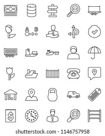 thin line vector icon set - route vector, signpost, map pin, money, phone, support, client, traking, ship, truck trailer, sea container, car, clock, receipt, port, umbrella, tulip, warehouse, weight