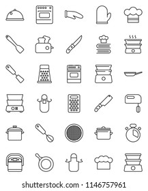 thin line vector icon set - pan vector, cook hat, apron, glove, timer, whisk, spatula, knife, grater, oven, double boiler, cookbook, sieve, dish, mixer, multi cooker, toaster