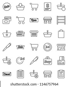 thin line vector icon set - pen vector, cart, credit card, office, shelving, sale, open, closed, 24 hour, shopping bag, store, mall, buy, receipt, basket, list