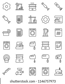 thin line vector icon set - washer vector, mixer, double boiler, blender, tomography, gear, construction crane, card reader, dishwasher, coffee maker, meat grinder, sewing machine