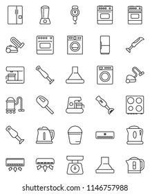 thin line vector icon set - vacuum cleaner vector, bucket, kettle, scales, oven, blender, air conditioner, fridge, washer, coffee maker, hood