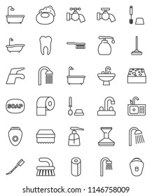 thin line vector icon set - soap vector, water tap, fetlock, mop, sponge, car, bath, toilet brush, liquid, paper, shower, sink, tooth, epilator