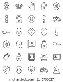 thin line vector icon set - rubber glove vector, dollar shield, safe, attention, traffic light, amkbulance car, lock, unlock, key, sign, siren, home protect