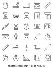 thin line vector icon set - measuring cup vector, scales, corner ruler, sand clock, stopwatch, weight, big, thermometer, store, kitchen