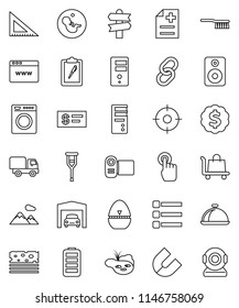 thin line vector icon set - fetlock vector, cook timer, dish, corner ruler, magnet, dollar medal, breads, signpost, clipboard, touchscreen, link, speaker, battery, pregnancy, crutches