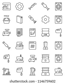 thin line vector icon set - washer vector, washing powder, mixer, double boiler, blender, gear, construction crane, card reader, dishwasher, coffee maker, meat grinder, sewing machine