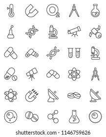 thin line vector icon set - thermometer vector, drawing compass, atom, telescope, microscope, magnet, flask, pills, molecule, oxygen, satellite, antenna, vial, dna, ovule