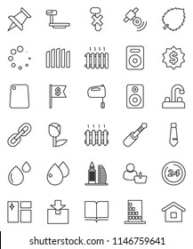 thin line vector icon set - window cleaning vector, water tap, cutting board, mixer, book, leaf, dollar medal, flag, tie, no hook, tulip, package, big scales, satellitie, speaker, thumbtack, jack