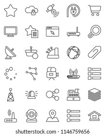 thin line vector icon set - cart vector, map pin, satellite antenna, satellitie, video camera, favorites, connection, network, cloud lock, big data, browser, menu, router, share, loading, attachment