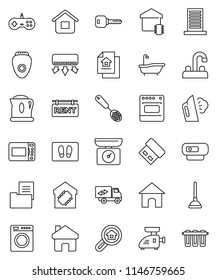 thin line vector icon set - plunger vector, welcome mat, steaming, bath, water tap, skimmer, home, key, estate document, rent signboard, search, relocation truck, smart, building, washer, epilator