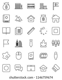 thin line vector icon set - splotch vector, plates, book, ruler, flag, money bag, man, dollar, tie, shorts, document, flammable, dialog, stop button, rec, home, loading, mountain, rooms signboard