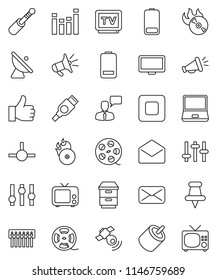 thin line vector icon set - satellite antenna vector, film spool, music hit, satellitie, tv, settings, equalizer, speaking man, monitor, notebook pc, finger up, thumbtack, battery, mail, stop button