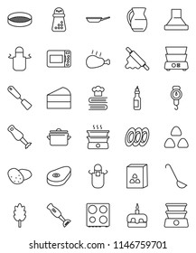 thin line vector icon set - pan vector, scales, apron, spatula, ladle, rolling pin, hand mill, oven, double boiler, cookbook, blender, plates, jug, sieve, cereal, potato, steak, cake, chicken leg
