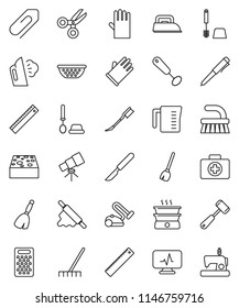 thin line vector icon set - broom vector, fetlock, rake, sponge, car, steaming, toilet brush, rubber glove, colander, measuring cup, whisk, rolling pin, meat hammer, grater, ruler, pen, telescope