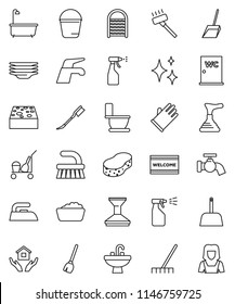 thin line vector icon set - plunger vector, cleaner trolley, broom, water tap, vacuum, fetlock, scoop, rake, bucket, sponge, car, shining, welcome mat, iron, bath, toilet, foam basin, sprayer, sink