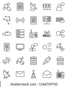 thin line vector icon set - clipboard vector, satellite, antenna, satellite, speaking man, mail, hdmi, network, server, big data, firewall, lan connector, share, wireless, loudspeaker, tap pay