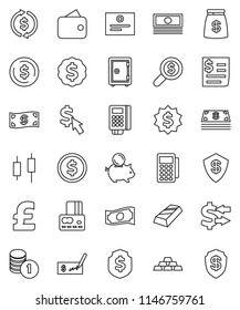 thin line vector icon set - certificate vector, exchange, dollar coin, gold ingot, japanese candle, credit card, cash, piggy bank, stack, check, money search, medal, shield, safe, cursor, pound, bag