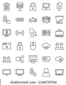 thin line vector icon set - trash bin vector, notebook pc, monitor dollar, cursor, top sign, hdmi, diagnostic, network server, cloud lock, exchange, browser, lan connector, share, loading, document