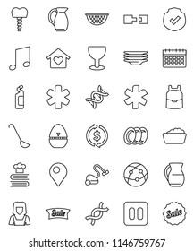 thin line vector icon set - vacuum cleaner vector, foam basin, cleaning agent, plates, woman, colander, cook timer, ladle, cookbook, jug, backpack, music, exchange, calendar, glass, protected, dna