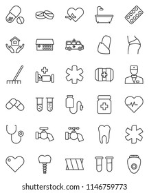 thin line vector icon set - rake vector, water tap, house hold, heart pulse, buttocks, pills, first aid kit, ambulance star, doctor, vial, stethoscope, bottle, blister, hospital bed, building, tooth