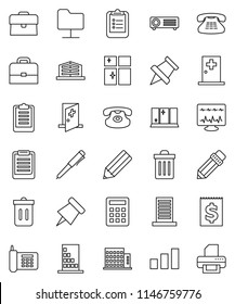 thin line vector icon set - trash bin vector, shining window, pencil, case, pen, clipboard, paper pin, phone, receipt, sorting, classic, diagnostic monitor, medical room, network folder, apartments