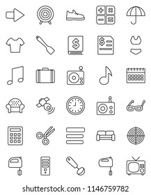 thin line vector icon set - spatula vector, ladle, mixer, glasses, music, case, annual report, clock, calendar, snickers, swimsuite, t shirt, target, umbrella, radio, satellitie, scissors, menu, tv