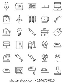 thin line vector icon set - vacuum cleaner vector, iron, kettle, double boiler, blender, table lamp, tv, windmill, air conditioner, air condition, fridge, power plug, mixer, multi cooker, fan