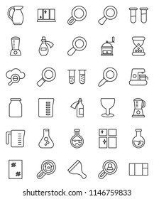 thin line vector icon set - scraper vector, window cleaning, shining, measuring cup, hand mill, jug, jar, magnifier, flask, glass, vial, sand clock, potion, cloud, search estate, client, blender