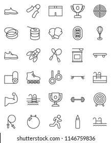thin line vector icon set - award cup vector, barbell, jump rope, hand trainer, punching bag, fitball, muscule, snickers, boxing glove, shorts, roller Skates, skateboard, target, sports nutrition