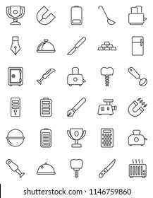 thin line vector icon set - camping cauldron vector, ladle, knife, grater, toaster, blender, dish, pen, award cup, magnet, safe, gold ingot, battery, scalpel, tooth implant, fridge, meat grinder