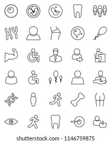 thin line vector icon set - student vector, man, muscule hand, buttocks, bone, run, client, disabled, eye, dna, pregnancy, insemination, chromosomes, sperm, ovule, tooth, user, login, consumer
