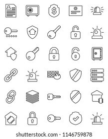 thin line vector icon set - certificate vector, personal information, dollar shield, safe, protected, link, big data, firewall, chain, unlock, key, siren, lock, smart home, protect, password
