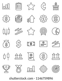 thin line vector icon set - clipboard vector, award cup, certificate, graph, pie, japanese candle, money bag, dollar growth, bank building, target, medal, cent sign, stairways run, top, favorites