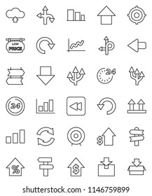 thin line vector icon set - graph vector, percent growth, dollar, target, arrow down, up, route, signpost, top sign, package, sorting, backward button, refresh, redo, undo, cloud upload, 24 hour