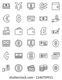 thin line vector icon set - exchange vector, dollar coin, credit card, wallet, cash, investment, stack, check, shield, monitor, euro sign, pound, yen, cent, money