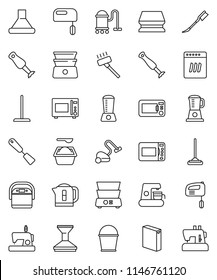 thin line vector icon set - vacuum cleaner vector, mop, bucket, sponge, car fetlock, washing powder, spatula, microwave oven, double boiler, blender, dishwasher, mixer, coffee maker, hood, kettle