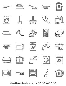 thin line vector icon set - scraper vector, broom, water tap, vacuum cleaner, fetlock, scoop, sponge, steaming, drying clothes, pan, kettle, colander, grater, microwave oven, washer, iron
