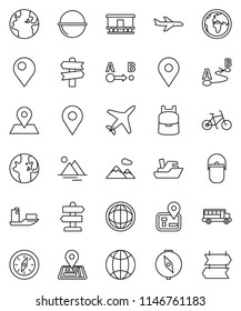 thin line vector icon set - camping cauldron vector, backpack, compass, school bus, world, bike, signpost, navigator, earth, map pin, plane, ship, route, Railway carriage, globe, mountain