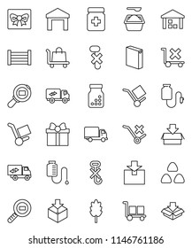 thin line vector icon set - washing powder vector, cereal, delivery, wood box, cargo, no trolley, hook, warehouse, package, search, pills bottle, drop counter, relocation truck, gift