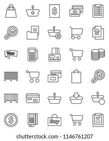 thin line vector icon set - dollar coin vector, cart, credit card, stack, receipt, estate document, search, new, shopping bag, buy, barcode, reader, basket, list