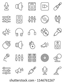 thin line vector icon set - disk vector, music hit, microphone, speaker, loudspeaker, settings, headphones, forward button, jack, equalizer