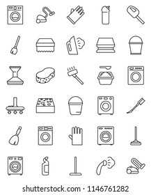 thin line vector icon set - broom vector, vacuum cleaner, mop, bucket, sponge, car fetlock, steaming, washer, washing powder, cleaning agent, rubber glove