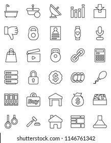 thin line vector icon set - sponge vector, bath, plates, calculator, personal information, money bag, auction, binder, dollar medal, weight, heart monitor, gymnast rings, consolidated cargo, package